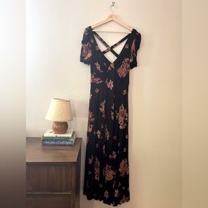 Free People Backless Black & Floral Maxi Dress with ruched sleeves / top